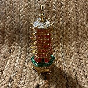 Wenchang Tower Pagoda Bejeweled Hinged Metal Enameled Rhinestone Trinket Box.